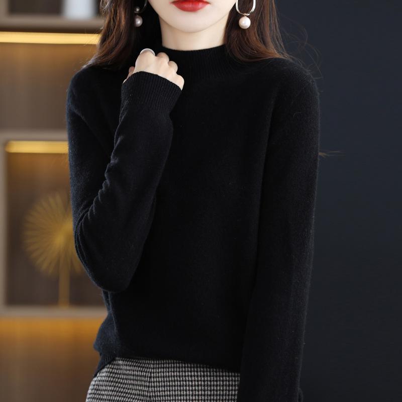 Women's Cashmere Knit Sweater - 2023 Autumn/Winter, Half-High Neck, Slimming Fit, Solid Color Pullover