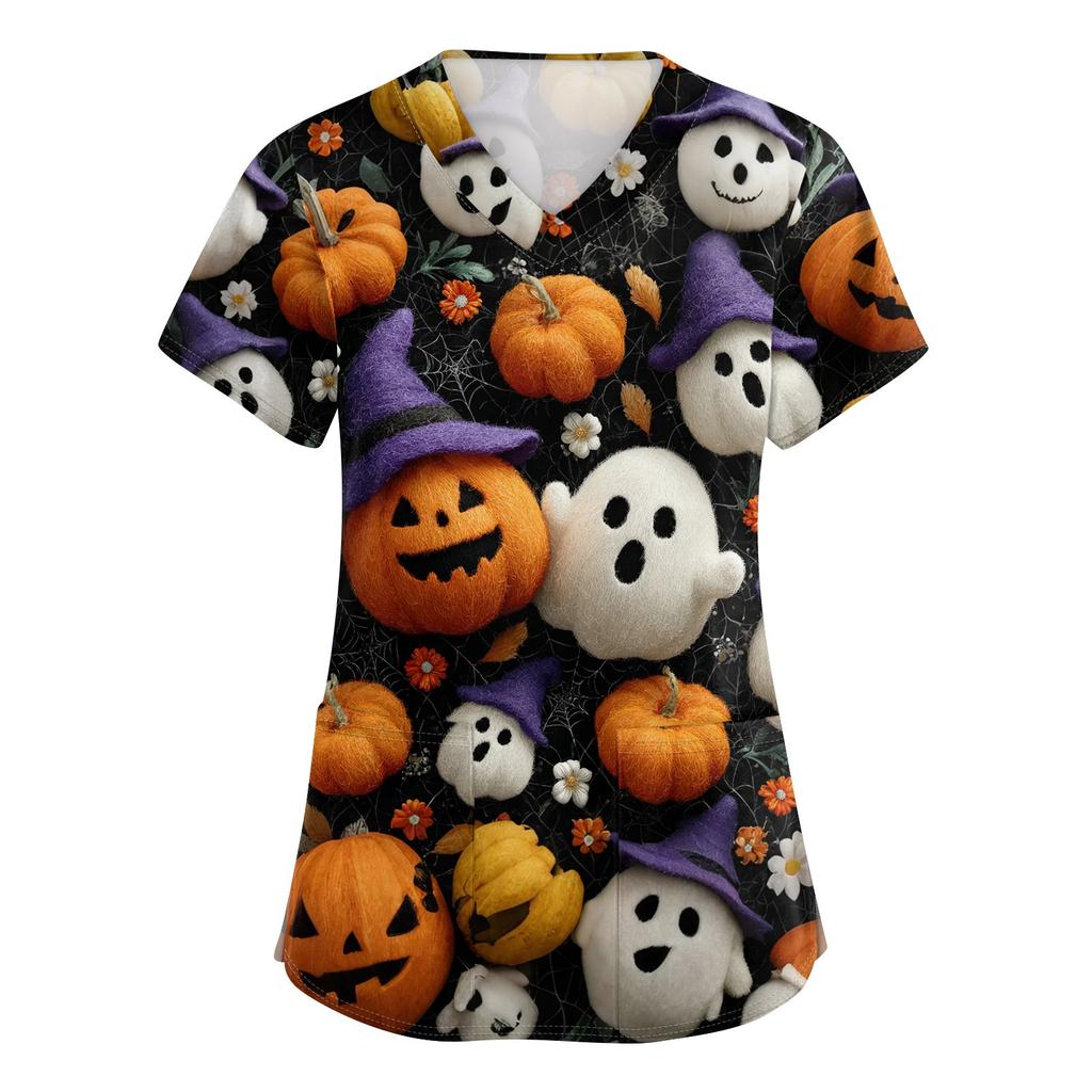 Women's V-neck Halloween Printed Short-sleeved Pocket Side-slit Protective Suit Top