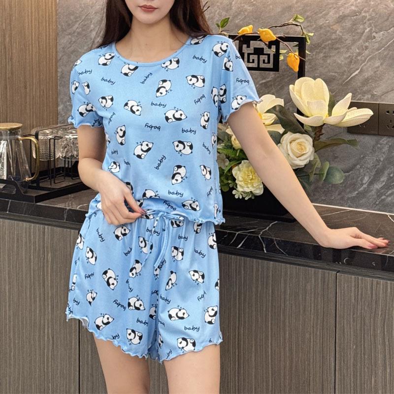 2025 Summer Women's Pajamas Set O-Neck Crop Tops & Shorts Thin Sleepwear 2 Pieces Sets Pajama for Girl Funny Cartoon Print Youth Homewear