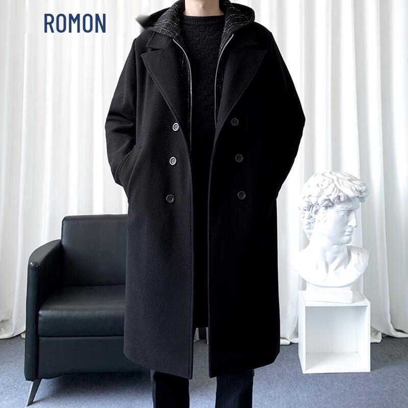

ROMON Men s Spliced Faux Two-Piece Hooded Long Trench Coat 3XL