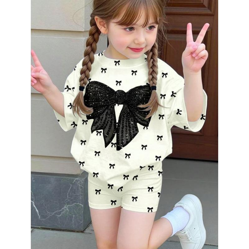2-teiliges Sommer-Kinder-Freizeit-Sport-Trend-Set mit 3D-Musterdruck, Rundhals-T-Shirt und Shorts