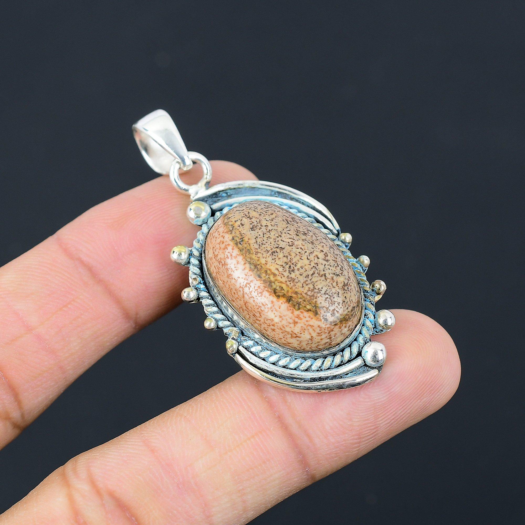 Friendship Day Sale Oval Picture Jasper Gemstone Ethnic Pendant Sterling Silver