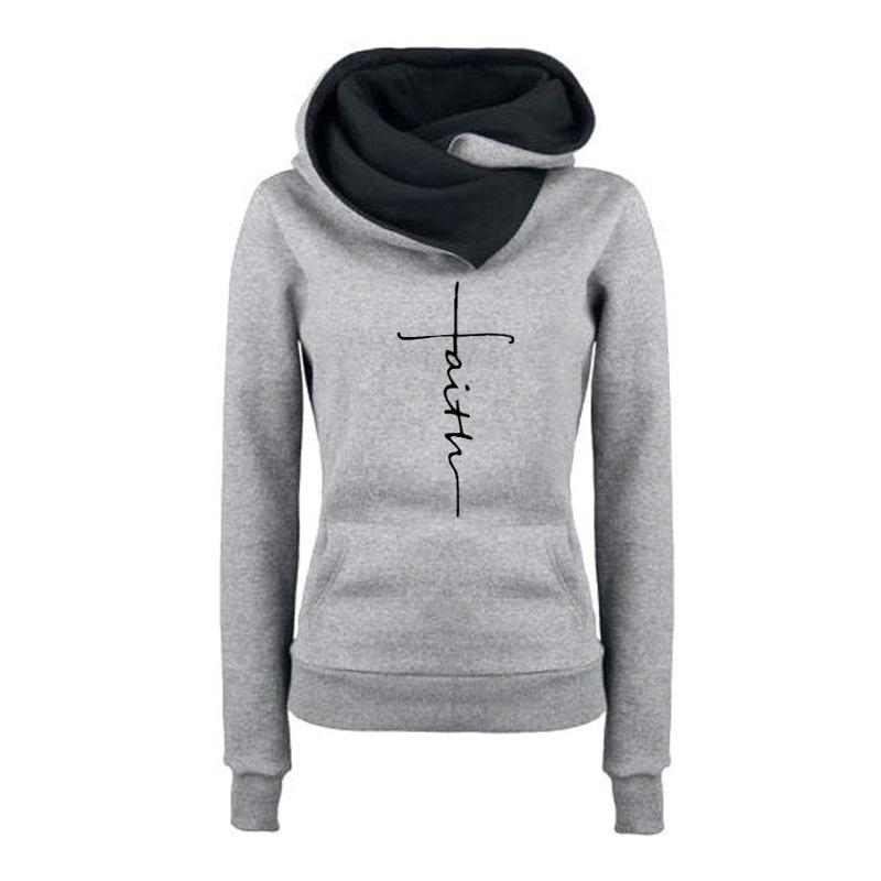 

Women s Autumn Winter Fleece Hoodie Fashionable European American Style Pullover L светло-серый