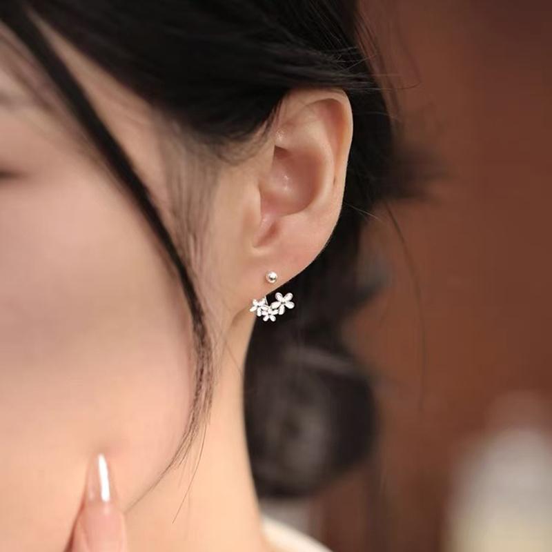 Real 925 Silver Flower Bead Screw Plant Stud Earrings For Women Classic Fine Jewelry Light Accessories