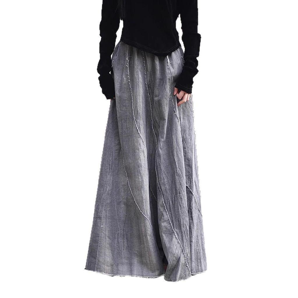 Spring/Summer Ramie Tie-Dye Patchwork Midi Skirt with Frayed Edges