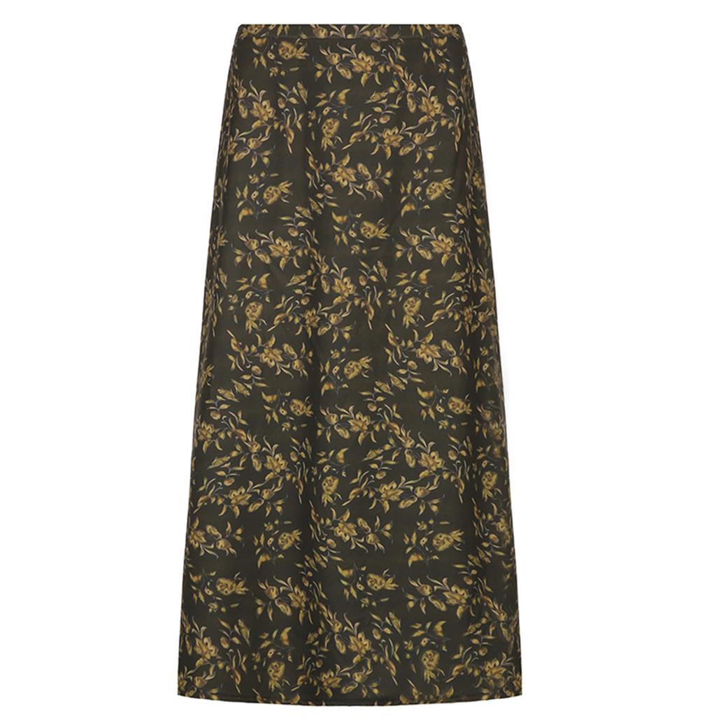 Women Retro Style Skirt, Tawny Leaves Printed Pattern Low Waist Flowy Skirt, S/ M/ L