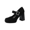 3359-19 Einwort-Strassschnalle mit dickem Absatz Mary Jane Einzelne Schuhe Damen Französisch Retro Quadratische Spitze Hoher Absatz Leichter Ausschnitt Einzelne Schuhe