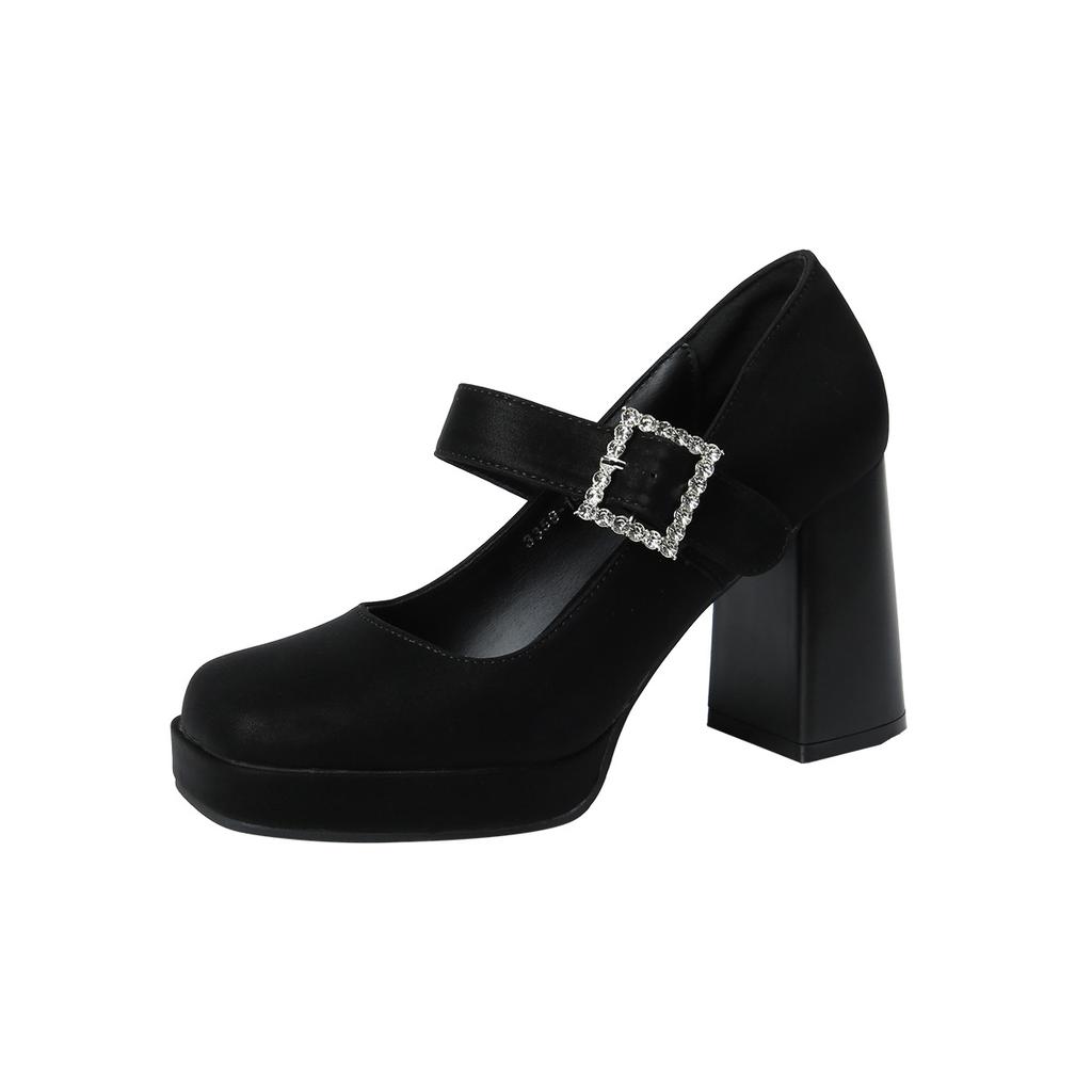 3359-19 Einwort-Strassschnalle mit dickem Absatz Mary Jane Einzelne Schuhe Damen Französisch Retro Quadratische Spitze Hoher Absatz Leichter Ausschnitt Einzelne Schuhe