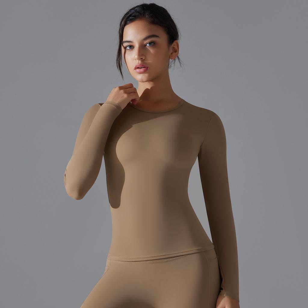 New Double-sided Brushed Solid Color Long Yoga Suit With Long Sleeves, High Elasticity And Breathability For Sports Running