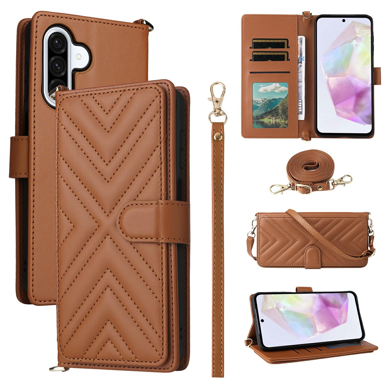 

For Samsung Galaxy A17 5G Case with Shoulder/Wrist Strap Leather Phone Cover Stand Wallet Brown