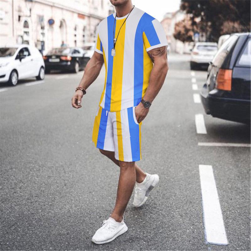 

Летний мужской спортивный костюм, разноцветные полосатые футболки с 3D принтом, шорты, комплекты из 2 предметов, уличная мода, мужские костюмы больших размеров, спортивная одежда 2XL