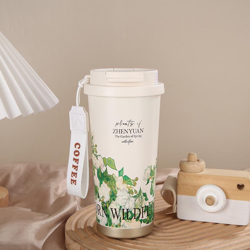 Lily of the Valley 316 Stainless Steel Insulated Coffee Cup with Double-Layer Straw