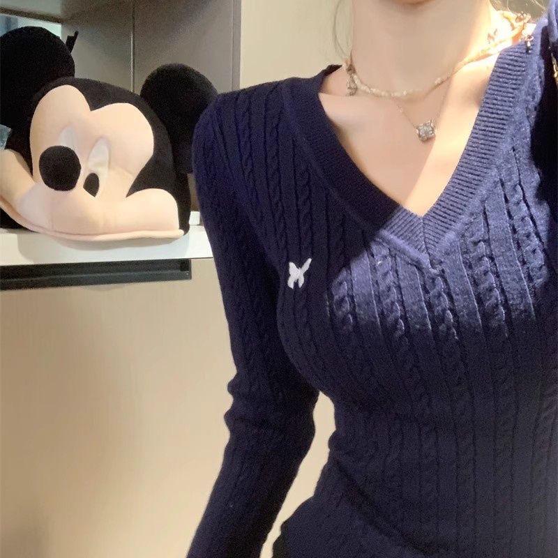 

Women s Slim Fit V-neck Cable Knit Sweater - Long Sleeve Autumn/Winter Sweet Style Knitwear L (100-110 jin) темно-синий