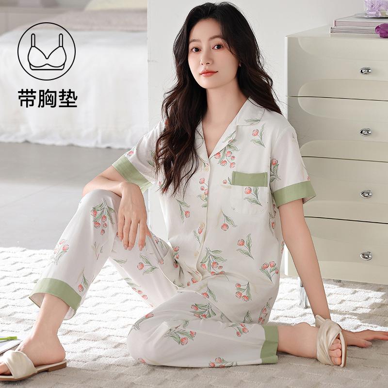 Pajamas with chest pads women's summer thin cotton short-sleeved trousers large size casual relaxation cardigan loungewear set