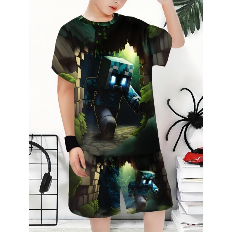 6pcs Boys Suit Fashion 3D Printed Casual Pullover Short Sleeve Shorts T Sweatshirt, Boys Outdoor T-Shirt Shorts Set, for Outdoor