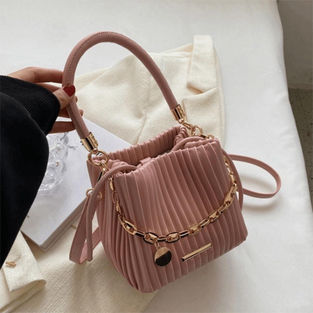 Chain Shoulder Crossbody Bag Pleated Design Bucket Bag Trendy Messenger Bag  Women