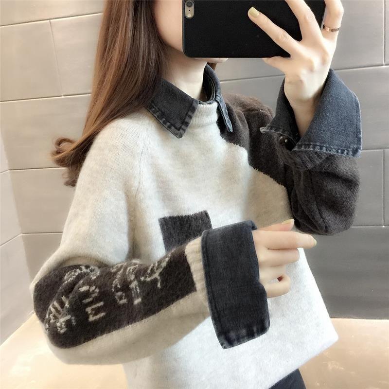 

Поддельные свитера из двух частей Женские Осень и Зима Старшеклассница Младшеклассница 15 лет 12 Молодежные 13 На флисовой подкладке Утолщенный Базовый Трикотаж beige grey M