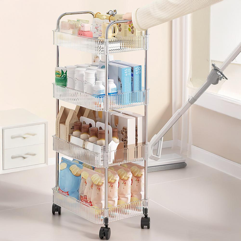 Transparent Storage Rack Rolling Trolley Storage Rack Transparent Bathroom Shelf with Hanging Baskets Wheels