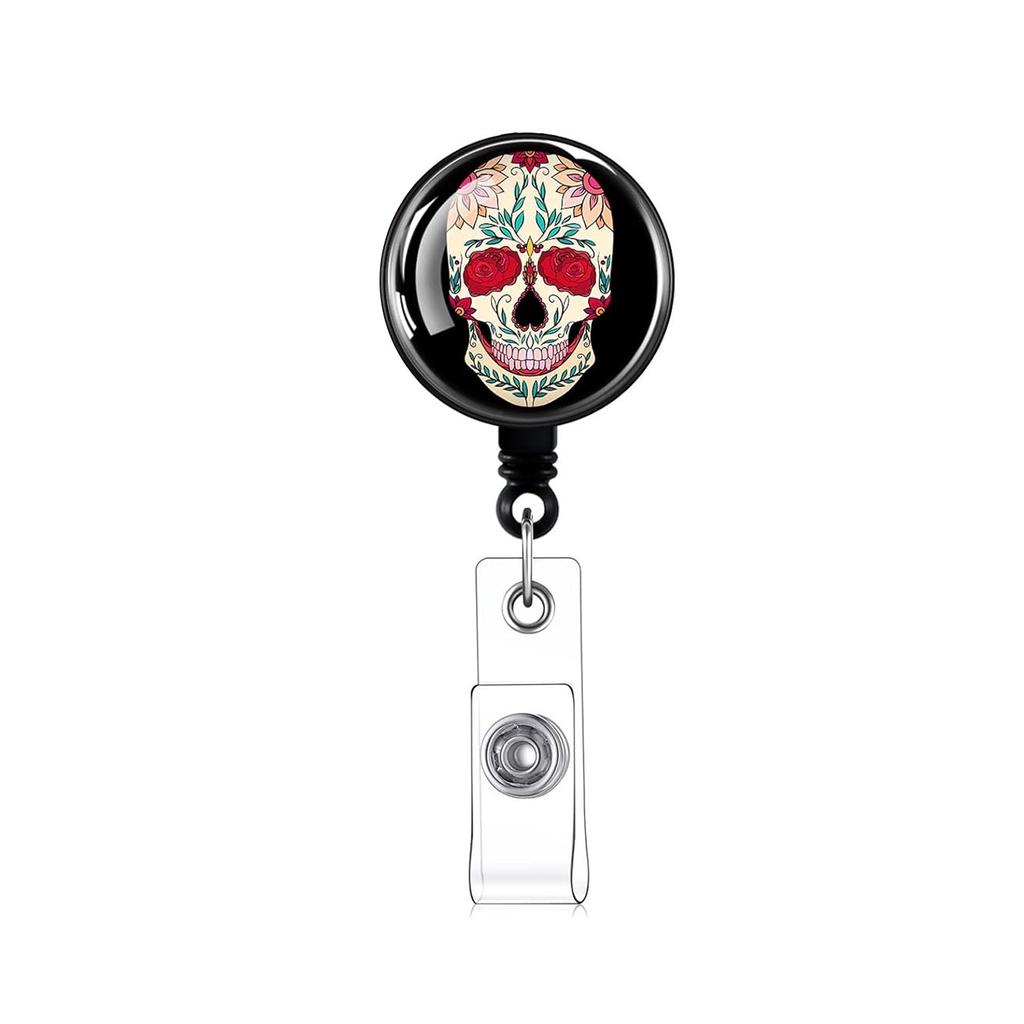 Halloween Skull Badge Reel Holder Clips Retractable Keychain Mexican Day Of The Dead Id Badge Reel Key Chain For Doctor Nurse