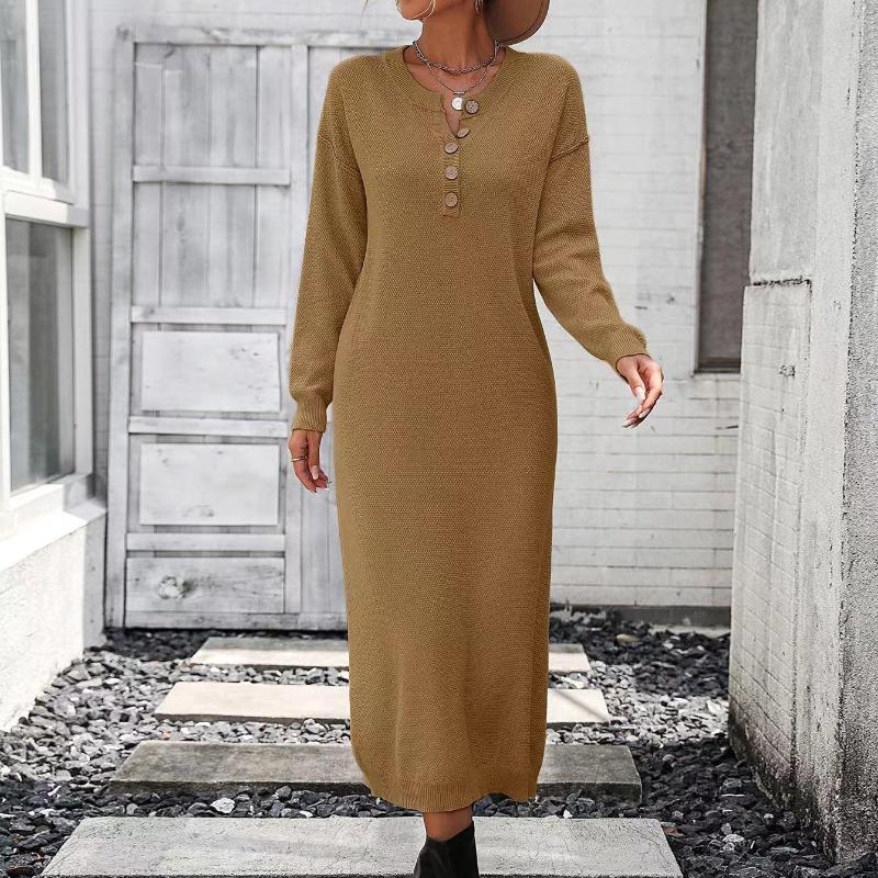 IHUASU Podzimní a zimní knoflíkové pletené šaty Módní Temperament Commuter Dámský svetr