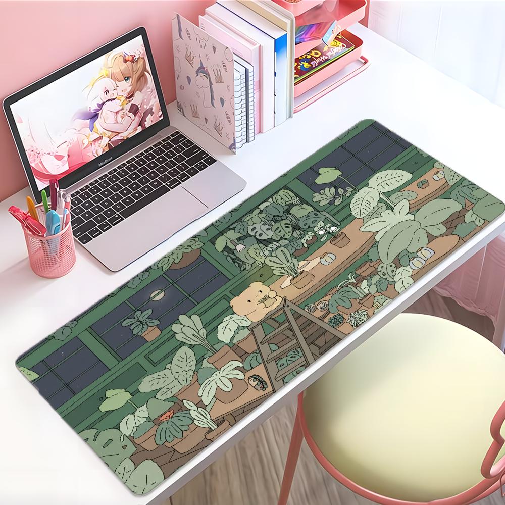 Cute Natural Art Green Plant Cat Mouse Pad Large Thick Desk Pad Stitched Edges Gaming Mouse Mat For Pc