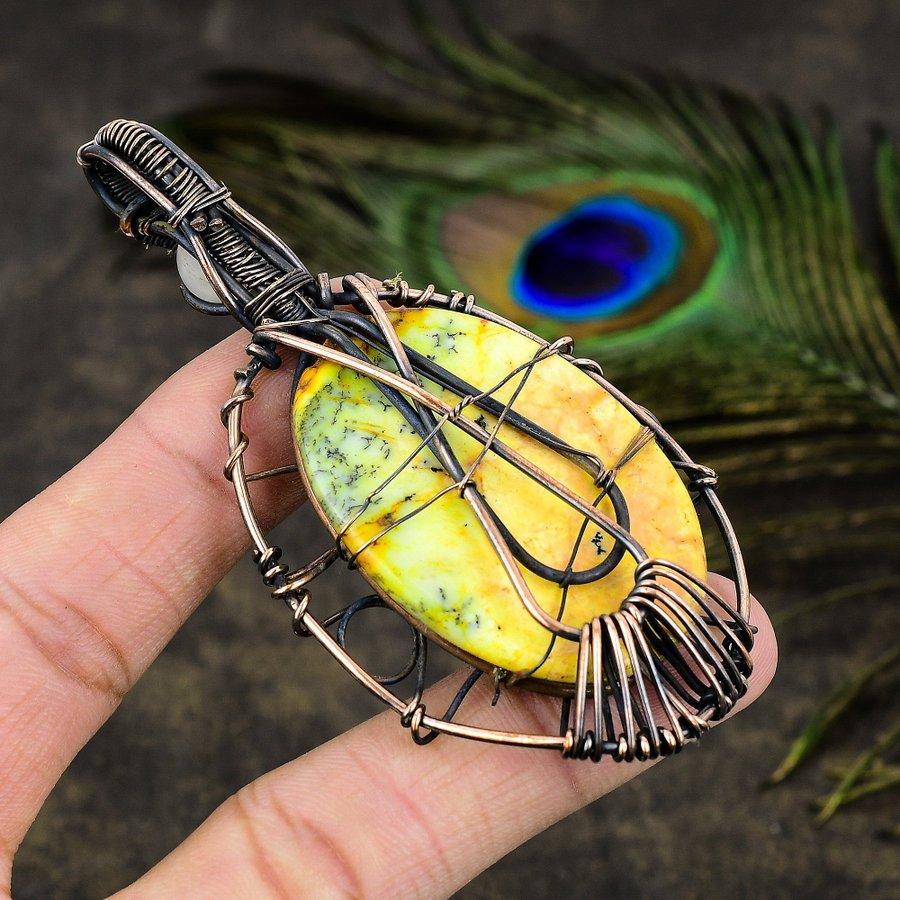 Yellow Dendritic, Moonstone Copper Wire Wrap Jewelry Pendant 3.55" L4U26