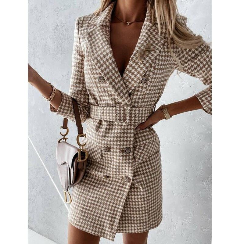 Damen-Kleid mit klassischem Hahnentrittmuster, lockeres Damen-Zweireiher-Tweed-Büroanzug-Jackenkleid, weiblich, kariertes Gürtelkleid S khaki
