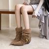 [Fanfna] Frosted kitten heap boots, pointed head sleeve, thick heel, medium heel, short boots, flanged two, wear cowboy boots