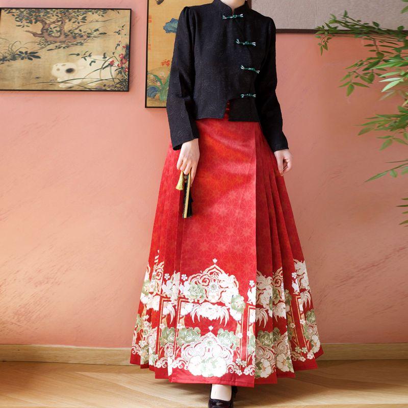 Chinese Ming Dynasty Style Hanfu For Women Stand Collar Summer Daily Printed horse-face Skirt