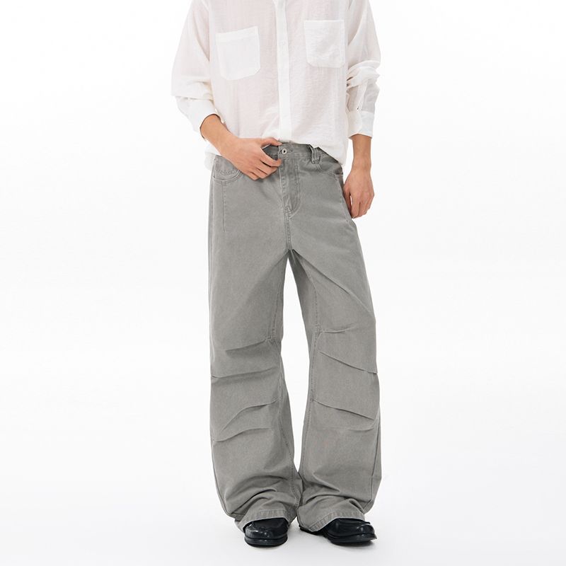 American retro trendy brand pleated design casual pants men's trend fashion loose wide-leg straight overalls