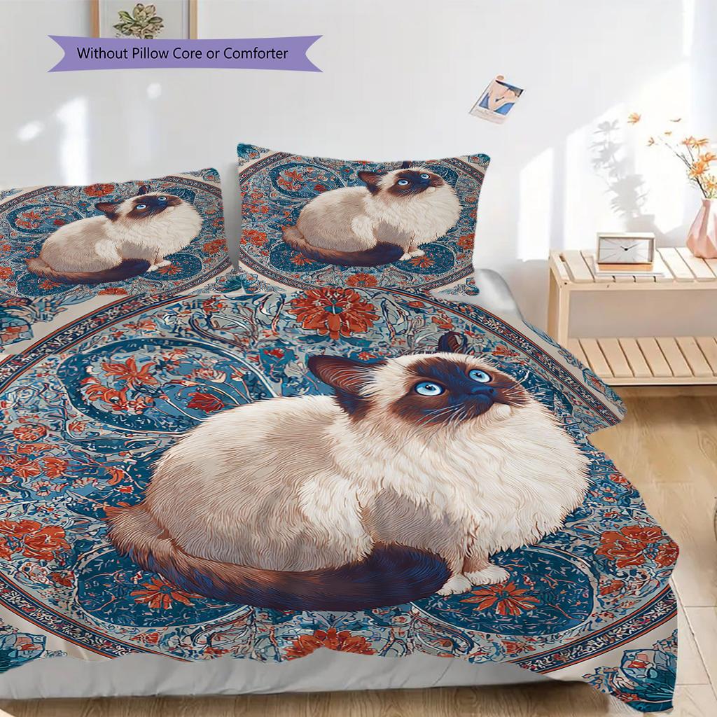 Weißes Katzenmuster Bettwäsche Steppdecke Set Deckenbezug Kissenbezug Heimdekoration Geburtstagsgeschenk (1 Bettbezug + 2 Kissenbezüge, ohne Füllung)