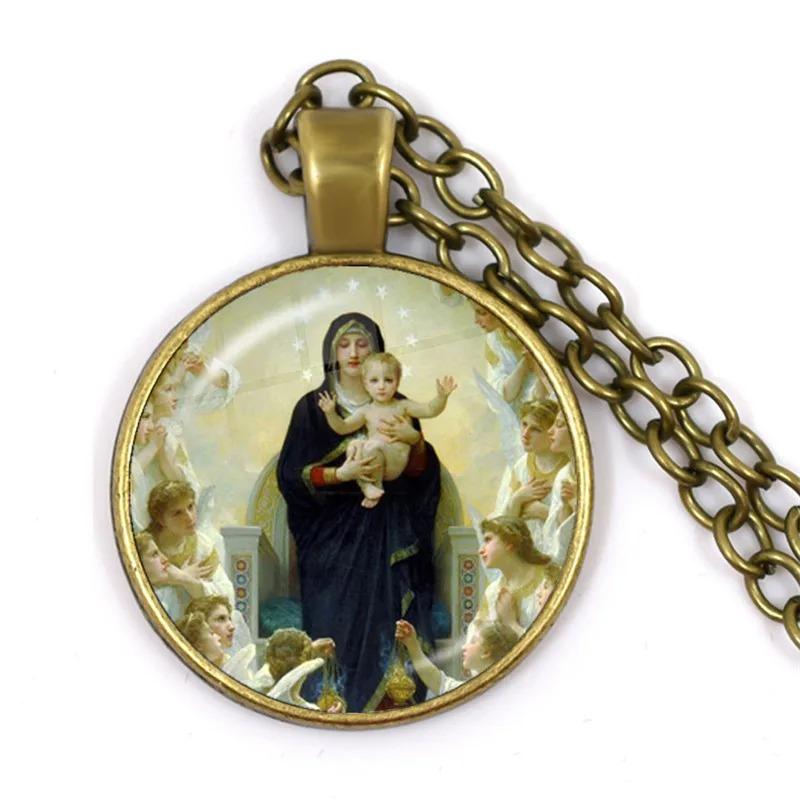 Virgin Mary and Baby Jesus Christian Catholicism Jewelry Necklace Blessed Mother Religious Art Glass Cabochon Dome Pendant Gift