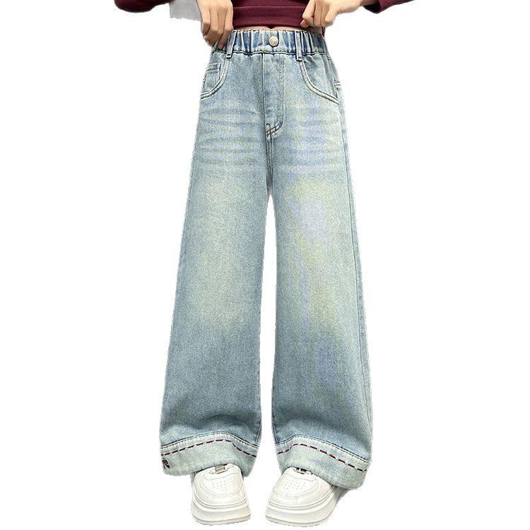 Dívčí kalhoty s rovnými nohavicemi Korejské džíny Dívčí volné kalhoty se širokými nohavicemi