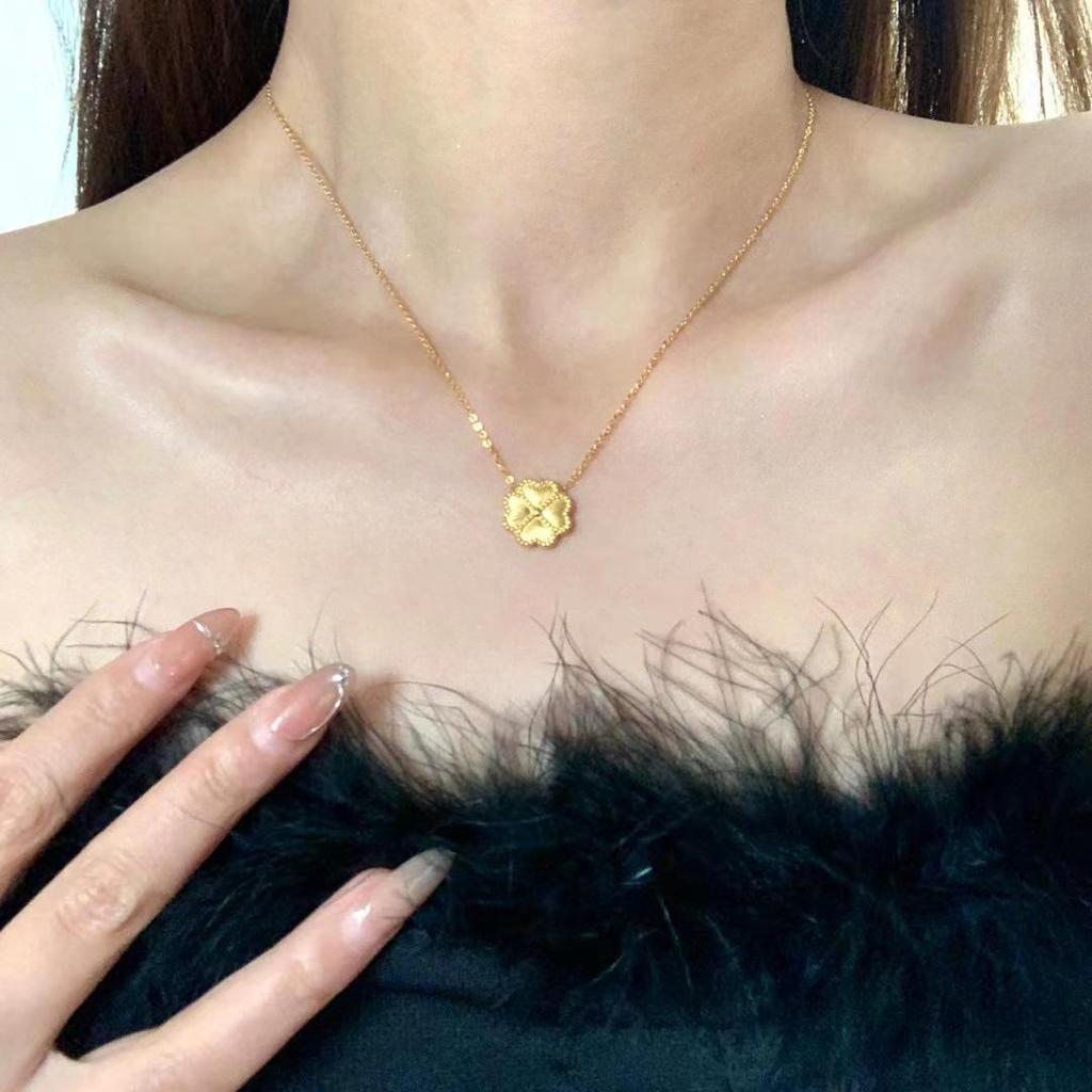 24K Gold-Plated Titanium Necklace: Heart & Four-Leaf Clover Design