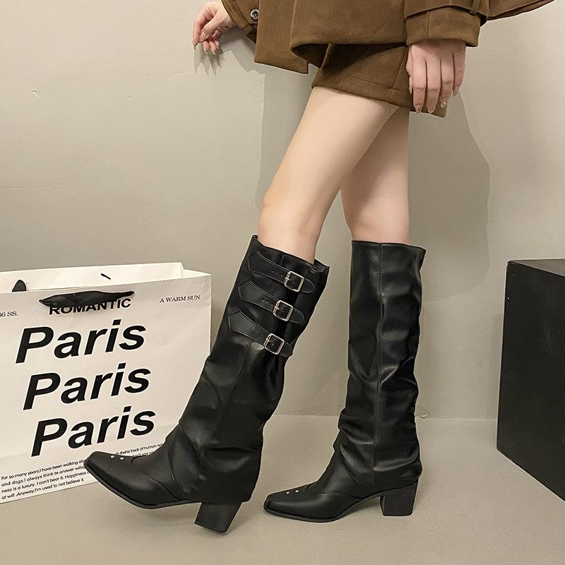 Thick Heel Pointed Retro Stacking Boots Long Knight Boots Women's Shoes 2025 New Autumn and Winter Design Sense Two-wear Boots