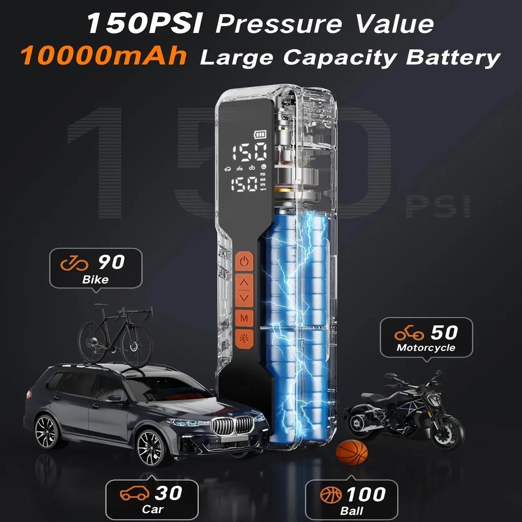 4X Fast Electric Tire Pump Tire Inflator Portable Air Compressor 10000mAh Air Pump for Car Tires with Digital Pressure Gauge/L