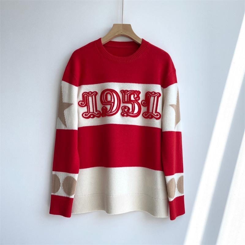 Women's Retro Classic MAX Family Wool Pullover: Round Neck, Long Sleeve, Embroidered Digital Knit, Cashmere Color Block Sweater