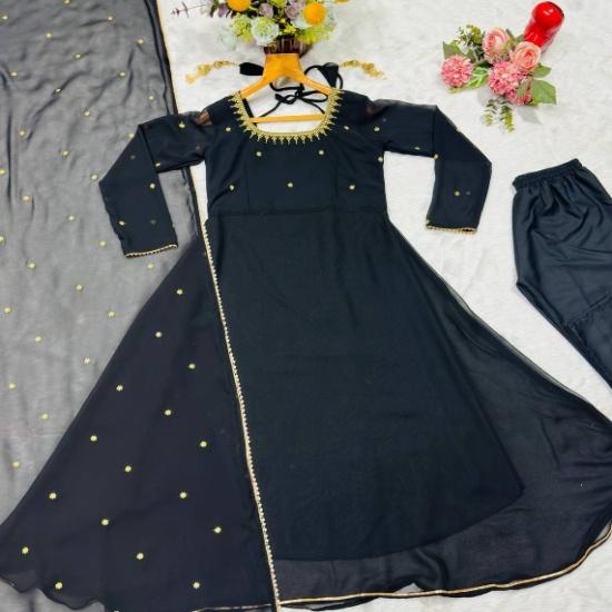 Women's Black Embroidered Anarkali Suit Set with Sheer Dupatta