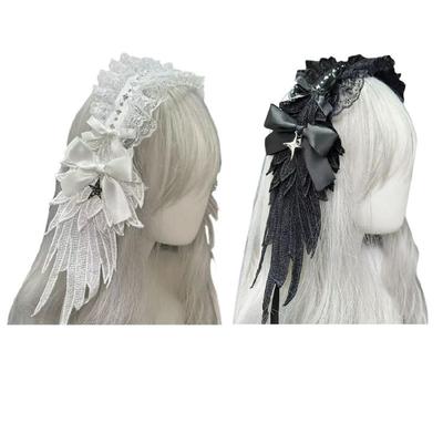 Punk Angelic Winged Hairband Cosplay Headpiece Ruffle Lace Headband For Masquerades And Halloween Party Photography Wear