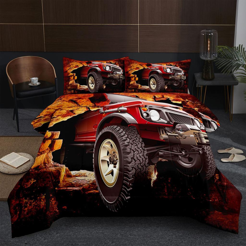 Off-road Pickup Truck Plaid Digital Print Microfiber Comforter Set - 3 Piece Bedding Set
