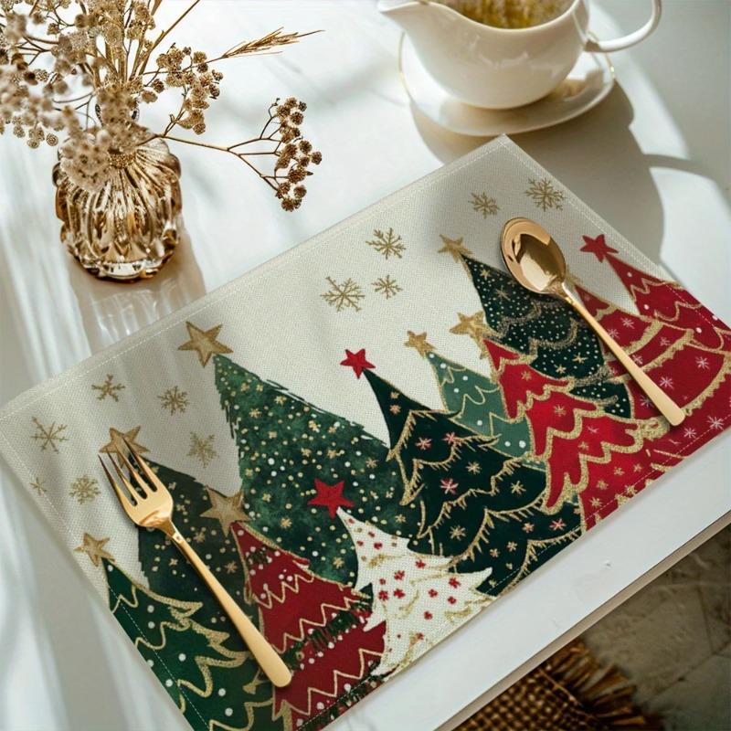 Weihnachtsbaum Tischsets 4er Set Grün Rot Design Goldene Sterne Deko mit Komplettem Messer Gabel Löffel Besteckset Tischdeko