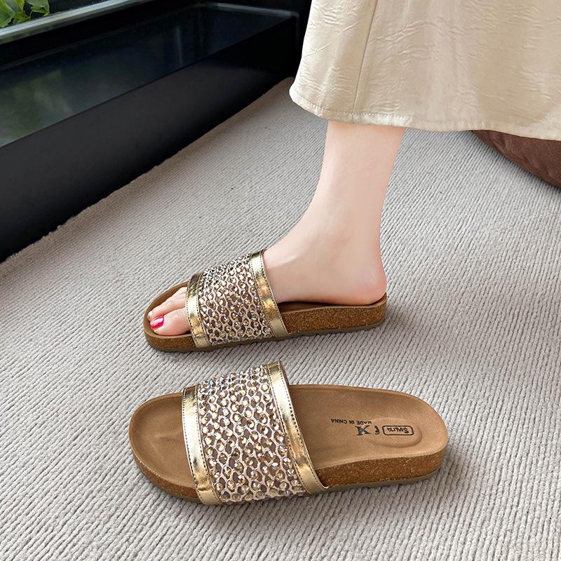 Mesh breathable rhinestone sleeve toe slippers women's summer wear casual vacation style with skirt beach sandals
