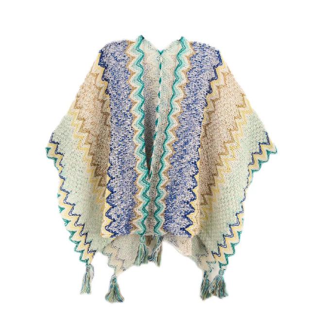 Shawl Wraps for Women Boho Knit Poncho Ladies Rainbow Casual Loose Striped Fringe Blanket Scarf