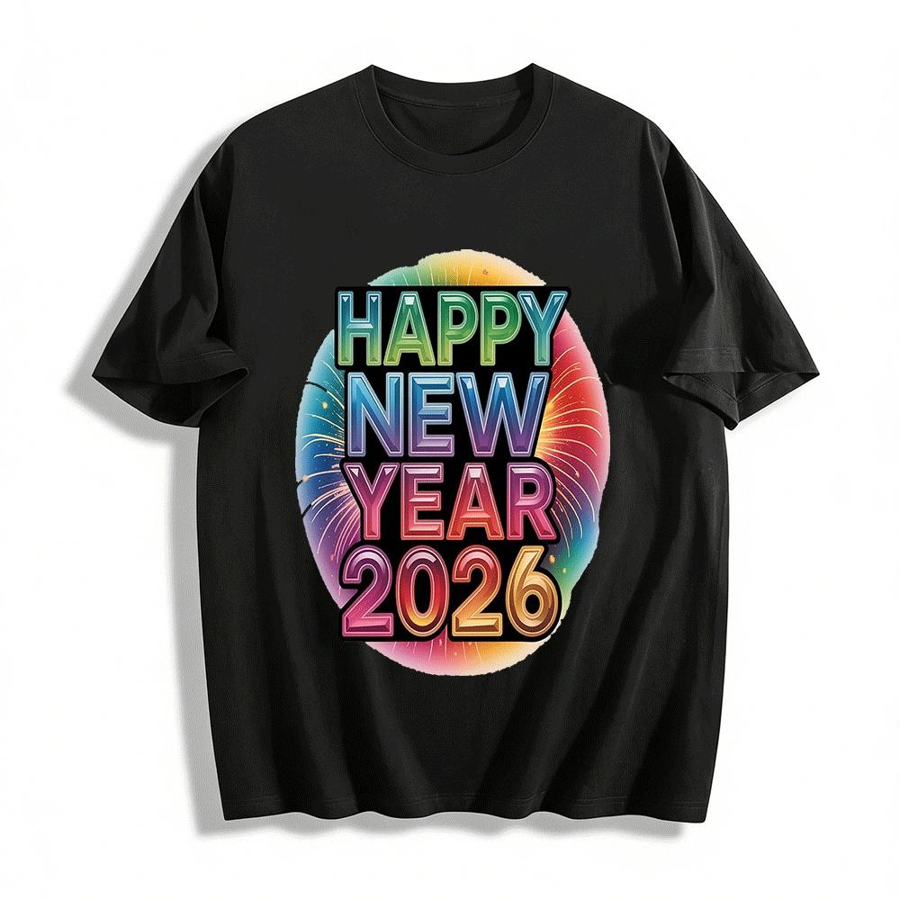 2026 Happy New Year Firework Print Casual Unisex Top Pure cotton T-shirt XXS