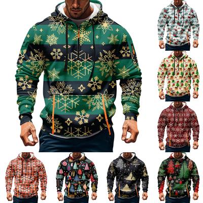 Men's Christmas Print Hooded Half-Zip Casual Sports Sweatshirt