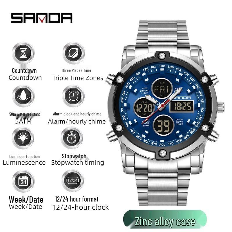 Sanda Tide Men's Dual Display Chronograph Watch: Cool Steel Band, Large Screen, Multifunctional, Waterproof, with Alarm Clock.