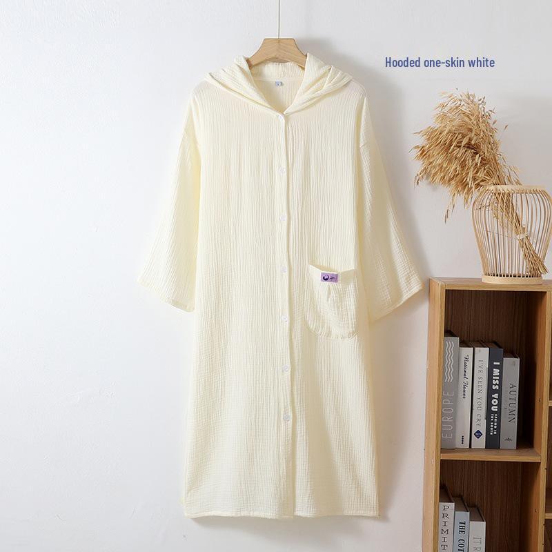 Double-Layer Gauze Cotton Hooded Cardigan Robe Pajamas