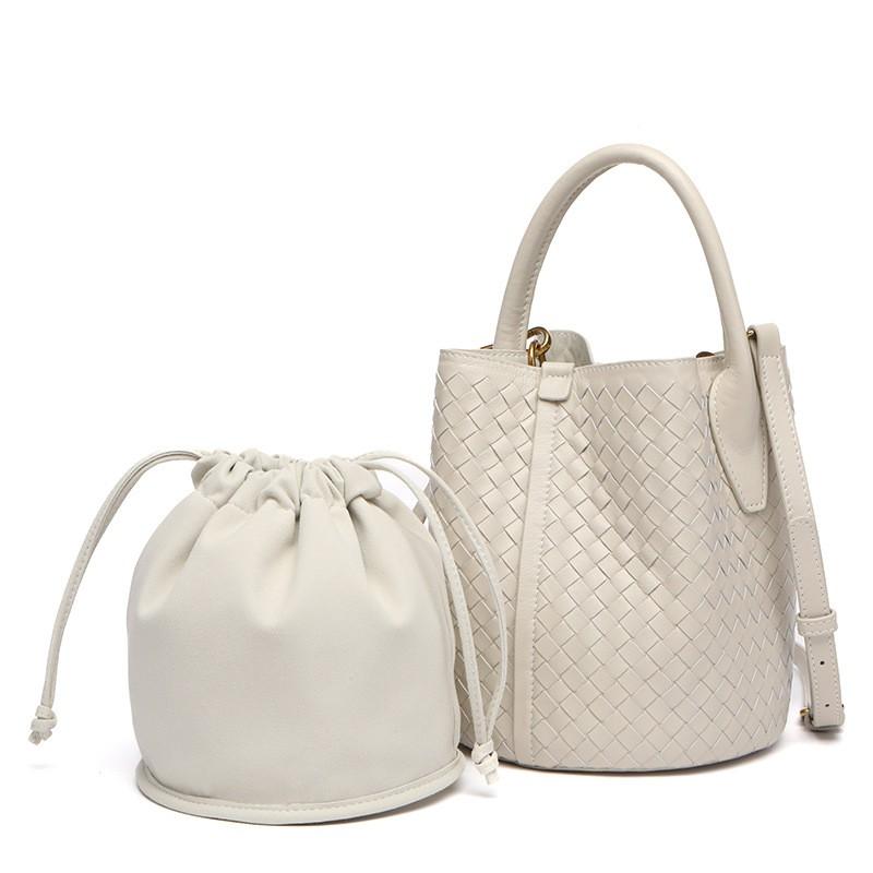Womens Genuine Leather Woven Bucket Bag Handheld Crossbody Tote In Black Green Beige Mauve White