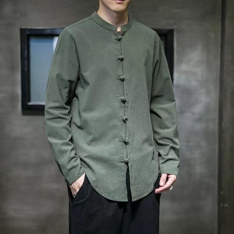 Pánská jarní a podzimní retro košile s dlouhým rukávem, stojáček, ležérní košile, volná bavlněná košile