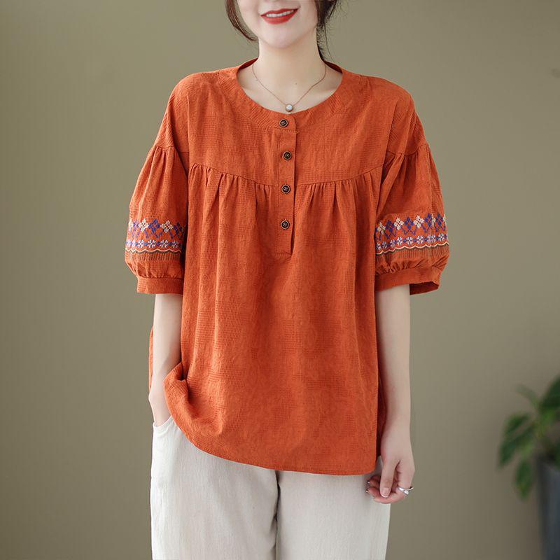 Chic Embroidered Cotton Linen Plus Size Summer Suit for Women - Short Sleeve Two-Piece Set